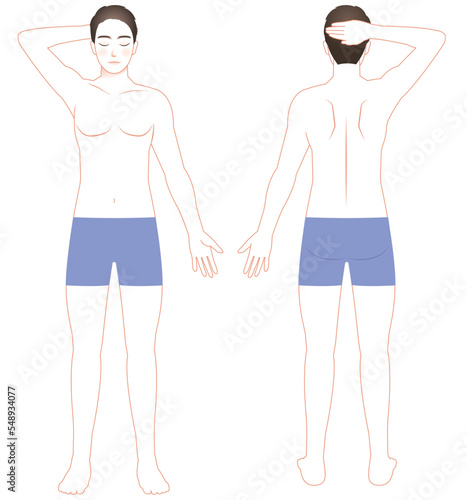 男性の片腕を上げた全身図 正面と背面 オレンジ線画 イラスト 脱毛/エステ/ダイエット