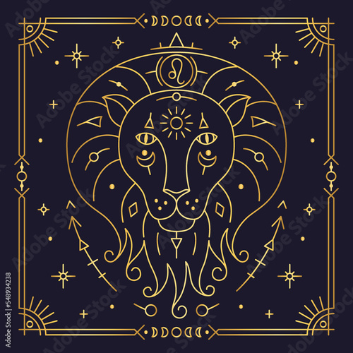 Lion zodiac astrological horoscope golden sign dark navy card. Stylized Leo symbol of esoteric, zodiacal astrological calendar, horoscope constellation thin line vector illustration