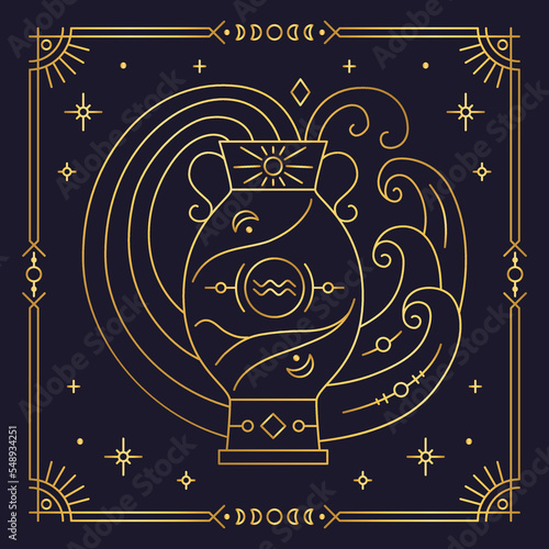 Aquarius zodiac astrological horoscope golden sign dark navy card. Stylized Water Bearer symbol of esoteric, zodiacal astrological calendar, horoscope constellation thin line vector illustration