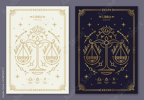 Libra zodiac horoscope golden signs on dark navy and white cards set. Stylized symbols of esoteric, zodiacal astrological calendar, horoscope constellation, cover design thin line vector illustration