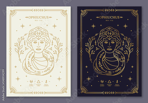Ophiuchus zodiac horoscope golden signs on dark navy and white cards set. Stylized thirteenth symbol of esoteric, zodiacal astrological calendar, horoscope constellation thin line vector illustration photo