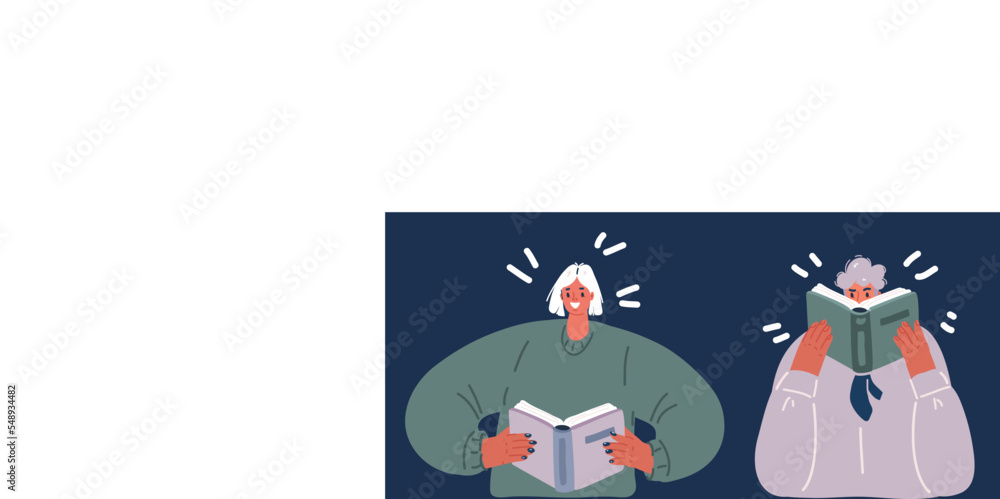 Cartoon vector illustration of man and woman reading story book