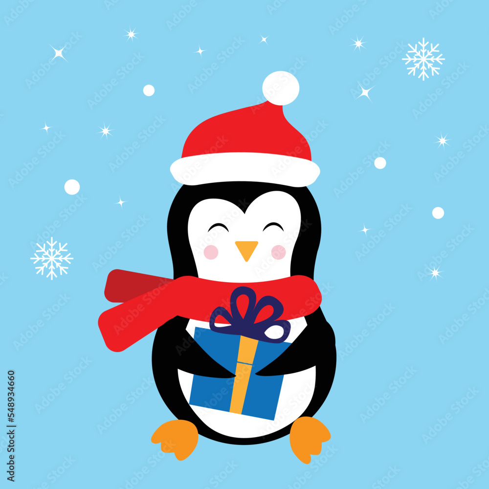 Naklejka premium Christmas Penguin cartoon vector illustration.