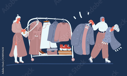 Cartoon vector illustration of Women at clothing store buying new clothes