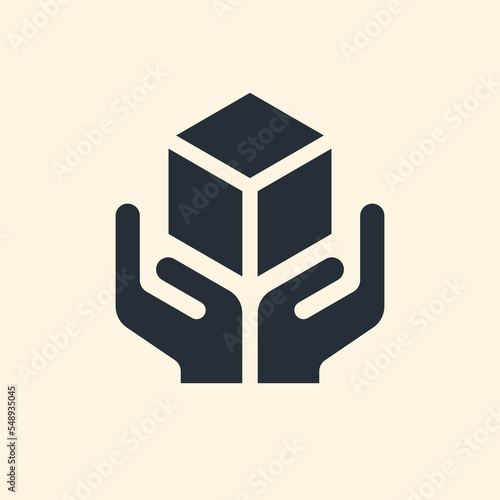 Handle with care icon. Box in hands warning sign. Packaging symbol. Vector icon.