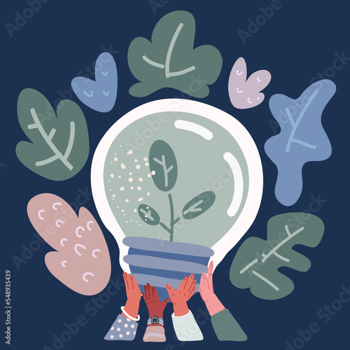 Cartoon vector illustration of Hands holding green ecology light bulb
