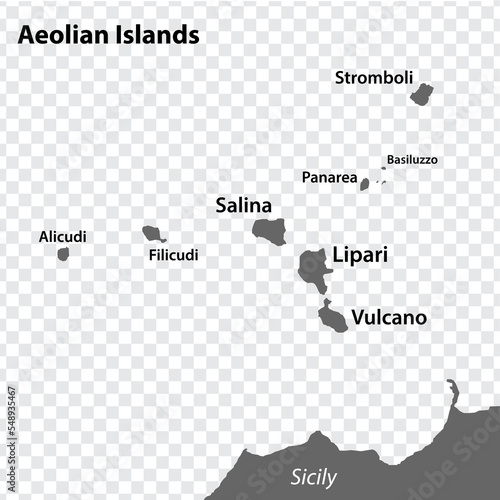 Blank map Aeolian Islands in gray. Every Island map is with titles. High quality map of  Aeolian Islands on transparent background for your  design.     Italy. EPS10.