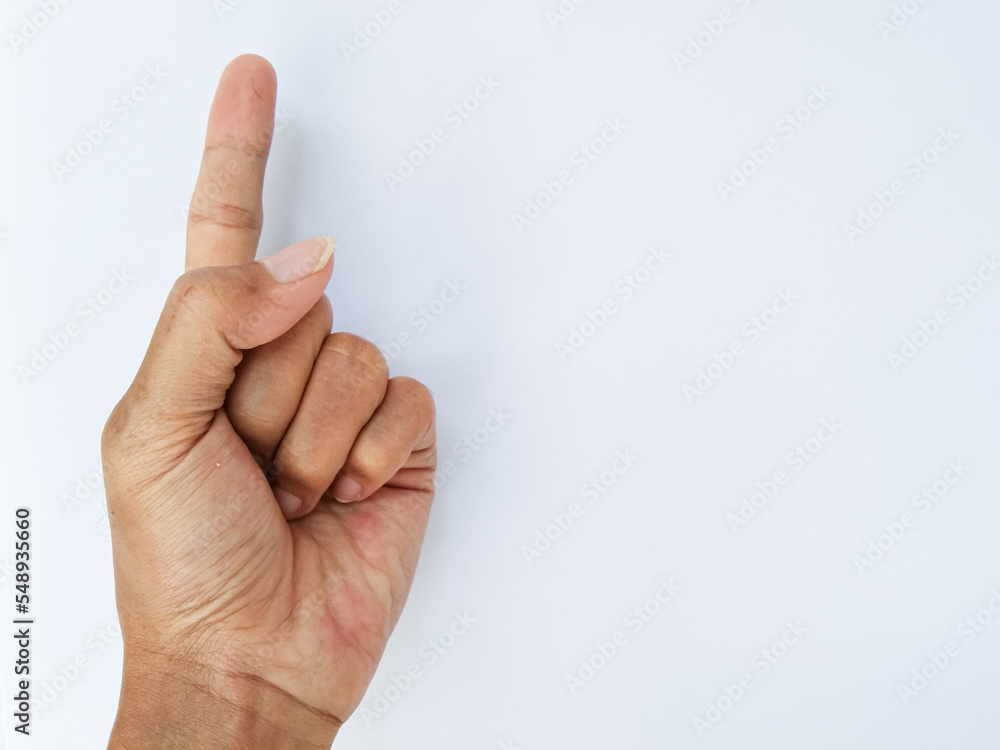 asian man hand with sign pointing up on isolated white background with blank copy paste