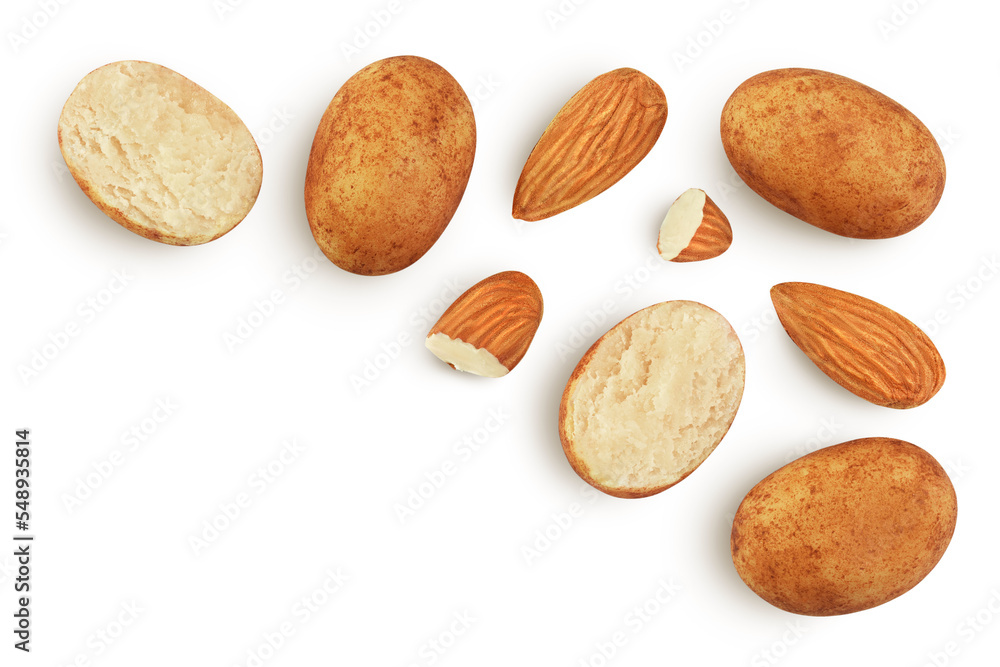 Marzipan balls or potatoes with almond isolated on white background full depth of field. Top view with copy space for your text. Flat lay Marzipan balls or potatoes with almond isolated on white background full depth of field. Top view with copy space for your text. Flat lay