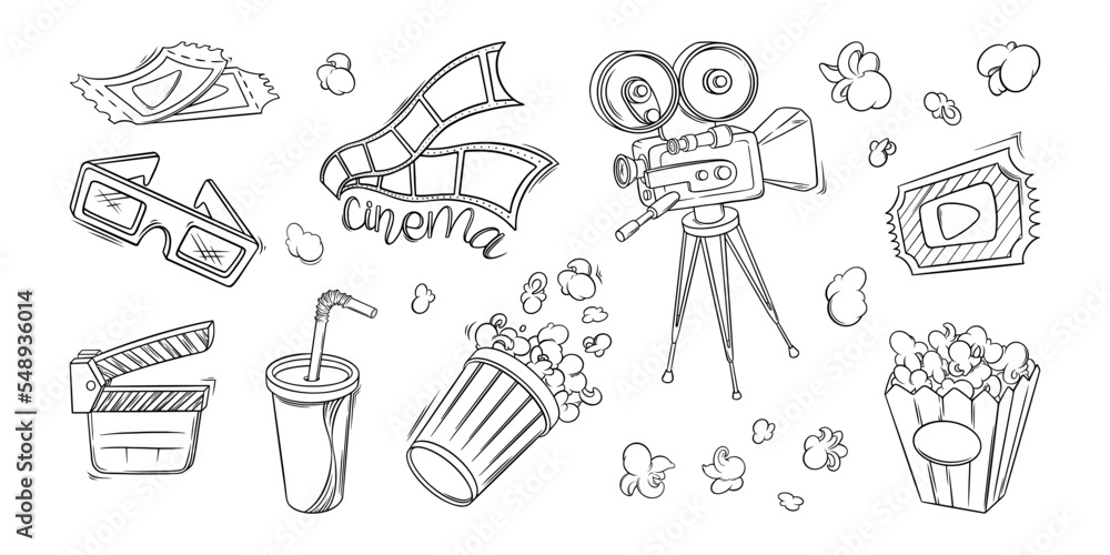 Fototapeta premium Cinema film, camera, popcorn and other objects. Cinema set in doodle style. Vector illustration isolated on white background