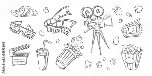 Cinema film, camera, popcorn and other objects. Cinema set in doodle style. Vector illustration isolated on white background