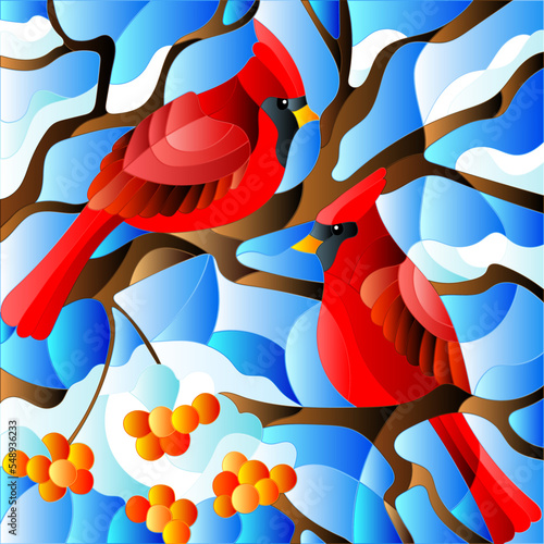Stained glass illustration with bright birds on tree branches, against the sky