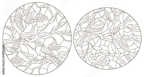A set of contour illustrations in the style of stained glass with cardinal birds on snow-covered tree branches, oval images