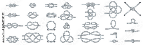 Set of rope knots. Nautical, travel and decorative loops. Twisted cord