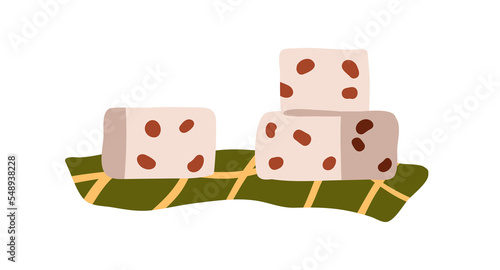 Turkish delight, lokum. Traditional candies, sweet sugar cubes. Oriental confectionery with nut and fruit pieces. Eastern dessert, confection. Flat vector illustration isolated on white background