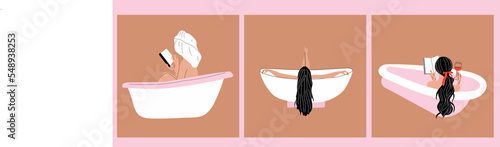 Set of three Woman taking a relaxing bubble bath and read book, side view. Vector in cartoon style. All elements are isolated
