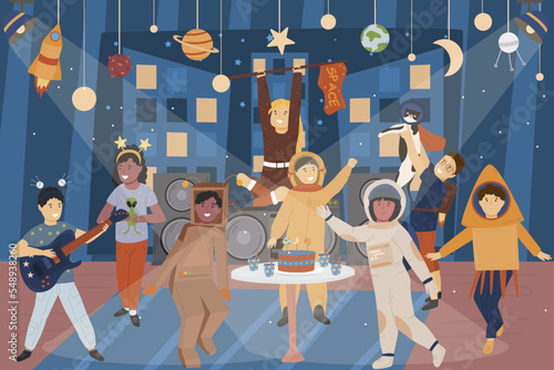 Children space disco. Playing astronauts. Vector illustration