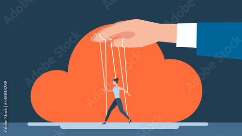 Woman is controlled by a puppet master. Business manipulator concept. Boss puppet abuse manipulations, employer domination exploitation, dictator control, authority manipulator. Vector illustration