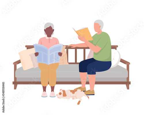 Mature couple reading on sofa semi flat color vector characters. Editable figures. Full body people on white. Leisure simple cartoon style illustration for web graphic design and animation