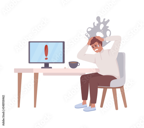 Nervous man watching TV semi flat color vector character. Editable figure. Full body person on white. Simple cartoon style illustration for web graphic design and animation. Chewy Regular font used