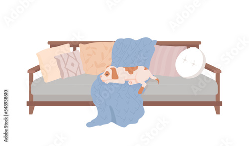 Dog sleeping on sofa semi flat color vector character. Domestic furniture. Editable full sized pet on white. Companion animal simple cartoon style illustration for web graphic design and animation
