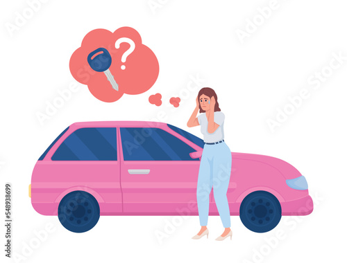 Lady lost car keys semi flat color vector character. Editable figure. Full body person on white. Simple cartoon style illustration for web graphic design and animation. Balsamiq Sans Regular font used