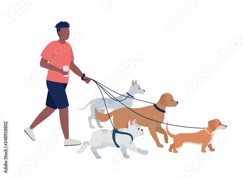 Dog walker job semi flat color vector character. Animals care. Editable figure. Full body person on white. Pets simple cartoon style illustration for web graphic design and animation