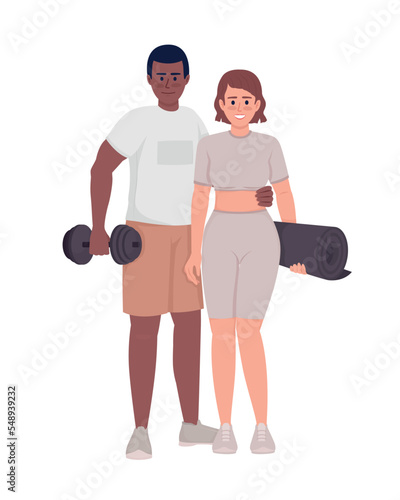 Happy couple ready for training semi flat color vector characters. Editable figures. Full body people on white. Workout simple cartoon style illustration for web graphic design and animation