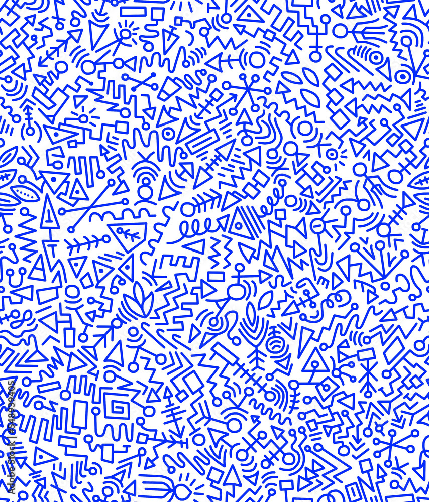 Abstract doodle drawing with blue lines on a white background.Seamless pattern.