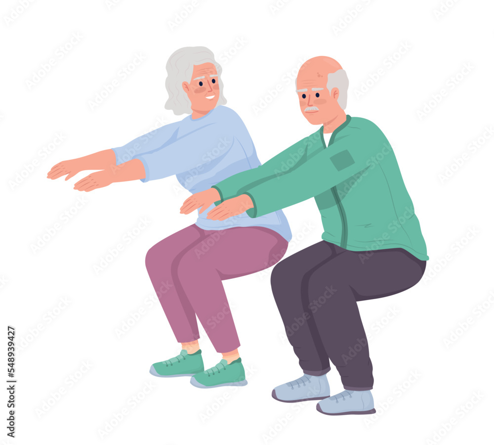 Elderly couple doing sit ups semi flat color vector characters. Editable figures. Full body people on white. Workout simple cartoon style illustration for web graphic design and animation