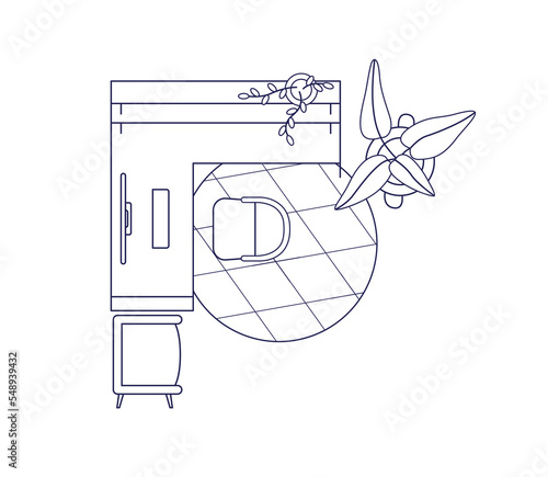 Workplace interior top view. Outlined office layout, overhead design plan. Computer, work desk, table, chair, furniture in study room from above. Flat vector illustration isolated on white background