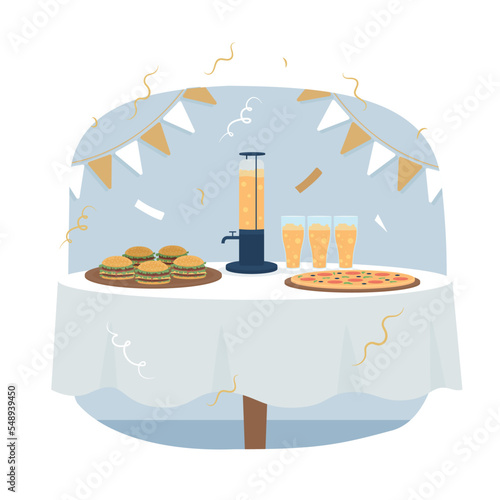 Bachelor party decor 2D vector isolated illustration. Soon to be groom event. Beer with fast food flat composition on cartoon background. Colourful editable scene for mobile, website, presentation