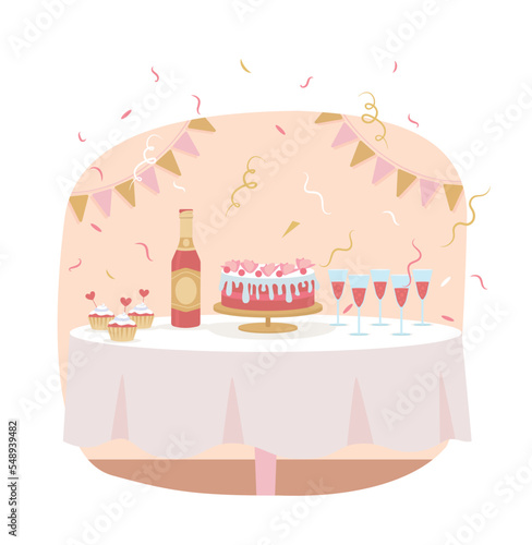 Bachelorette party decor 2D vector isolated illustration. Bridal event. Sweets with sparkling wine flat composition on cartoon background. Colourful editable scene for mobile, website, presentation
