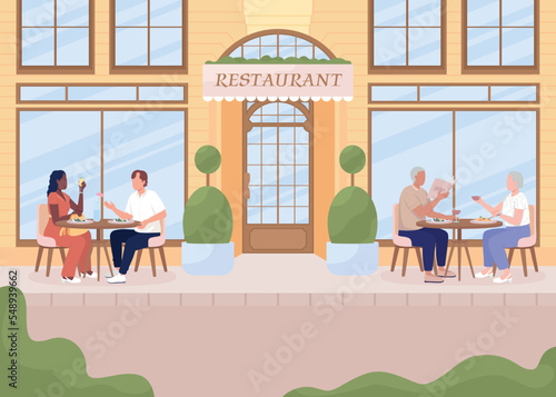Having cozy dinner on restaurant terrace flat color vector illustration. Couples enjoying meals outside. Fully editable 2D simple cartoon characters with fancy exterior design on background