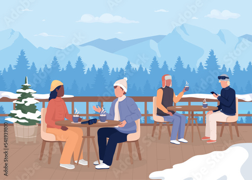 Dinner at ski resort flat color vector illustration. Drinking hot cocoa with marshmallows on veranda. Enjoying winter. Fully editable 2D simple cartoon characters with mountain landscape on background