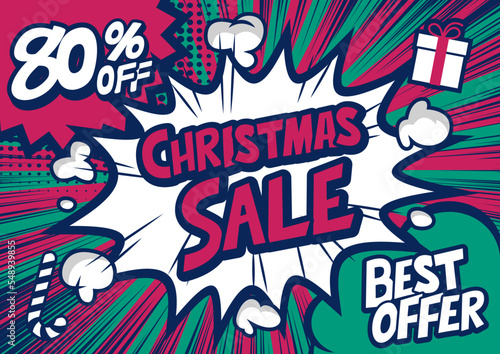 80%off Christmas sale typography pop art background, an explosion in comic book style.