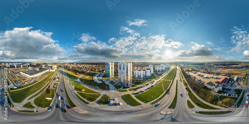 Print op canvas aerial full seamless spherical hdri 360 panorama view above road junction with traffic in city overlooking of residential area of high-rise buildings in equirectangular projection