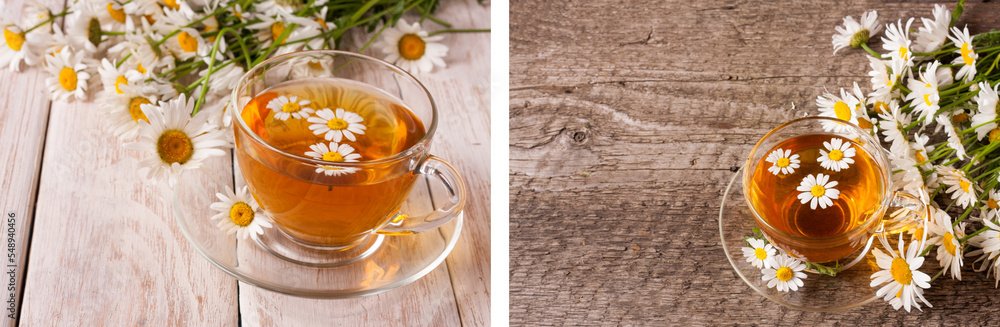 Herbal tea with fresh chamomile flowers on white wooden background Herbal tea with fresh chamomile flowers on white wooden background