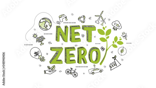 Net zero and carbon neutral concept. Net zero greenhouse gas emissions target. Climate neutral long term strategy with green net zero icon doodle  cartoon on white background.