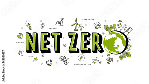 Net zero and carbon neutral concept. Net zero greenhouse gas emissions target. Climate neutral long term strategy with green net zero icon doodle  cartoon on white background.
