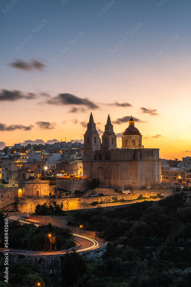 Il-Mellieha, Malta, skyline view of Mellieha town after sunset with Paris Church