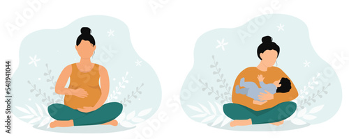 A pregnant woman, the expectant mother is sitting in the lotus position with crossed legs and a big belly. Female with a baby in her arms. Vector graphics.