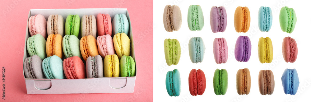 colorful macaroons in box on red white background closeup colorful macaroons in box on red white background closeup