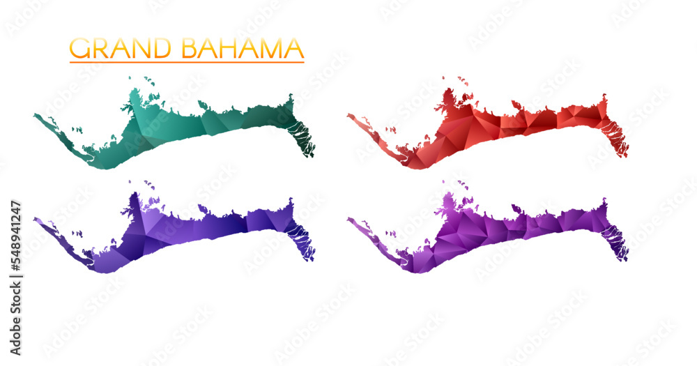 Set of vector polygonal maps of Grand Bahama. Bright gradient map of island in low poly style. Multicolored Grand Bahama map in geometric style for your infographics. Artistic vector illustration. Set of vector polygonal maps of Grand Bahama. Bright gradient map of island in low poly style. Multicolored Grand Bahama map in geometric style for your infographics. Artistic vector illustration.