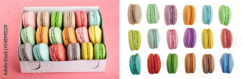 colorful macaroons in box on red white background closeup photo