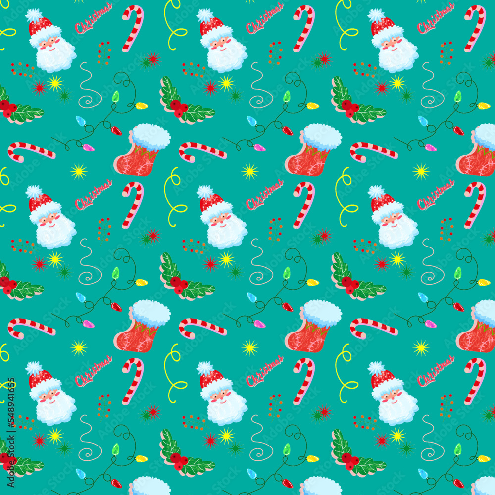 Christmas seamless pattern, Santa, sock, berries, confetti, streamers, snowflakes are collected in a pattern on a green background. Christmas seamless pattern, Santa, sock, berries, confetti, streamers, snowflakes are collected in a pattern on a green background.