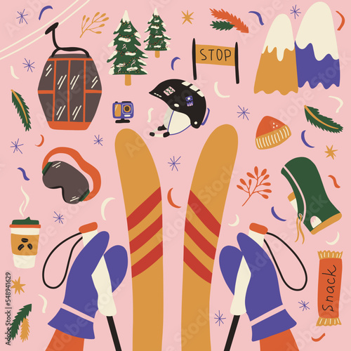 Winter sport bundle in cartoon rastyle. Skiing equipment isolated on pink background. Elements for ski resort picture, mountain activities, vector illustration.