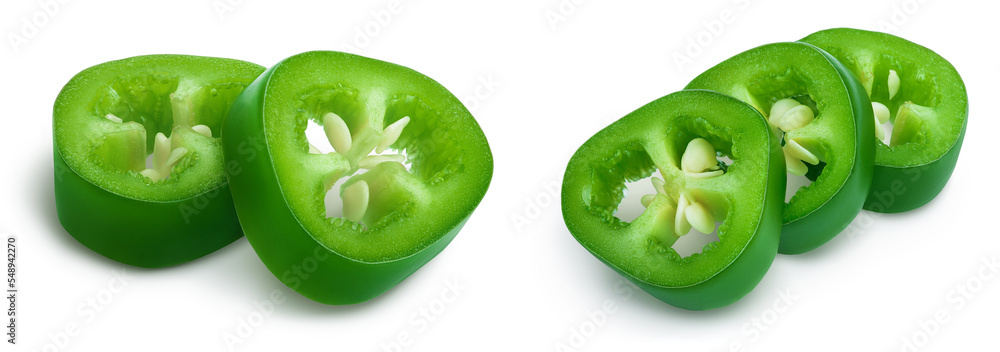 sliced jalapeno pepper isolated on white background. Green chili pepper with full depth of field. sliced jalapeno pepper isolated on white background. Green chili pepper with full depth of field.