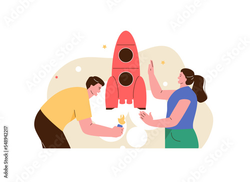 Happy people team ignite the rocket. Startup launch business concept vector illustration