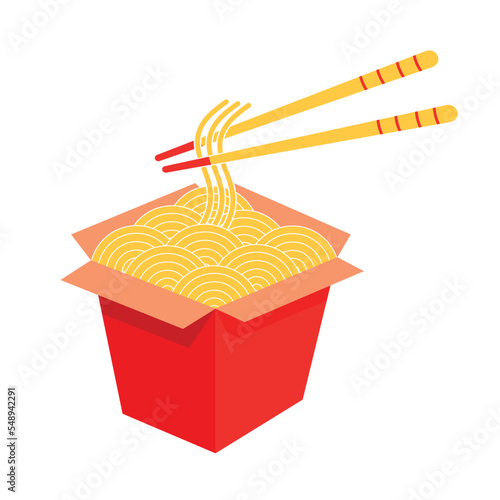 Noodles box to go, chopsticks, take away wok.  Red paper box with noodles. Asian food concept. Flat vector illustration isolated on white background. 